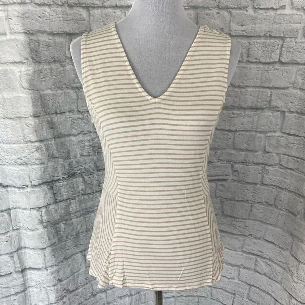 White House Black Market women M V-cut stripe hi low tank top tan white